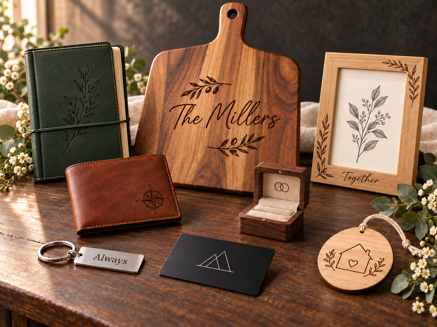 A collection of wedding or couple-related items on a wooden table, including a large wooden plaque engraved with 'The Millers', a framed botanical print labeled 'Together', a green journal with botanical artwork, a brown leather wallet with a compass design, a black card with geometric mountain design, a small open ring box, a keychain with the word 'Always', and a wooden ornament with a house and heart, surrounded by flowers and greenery.
