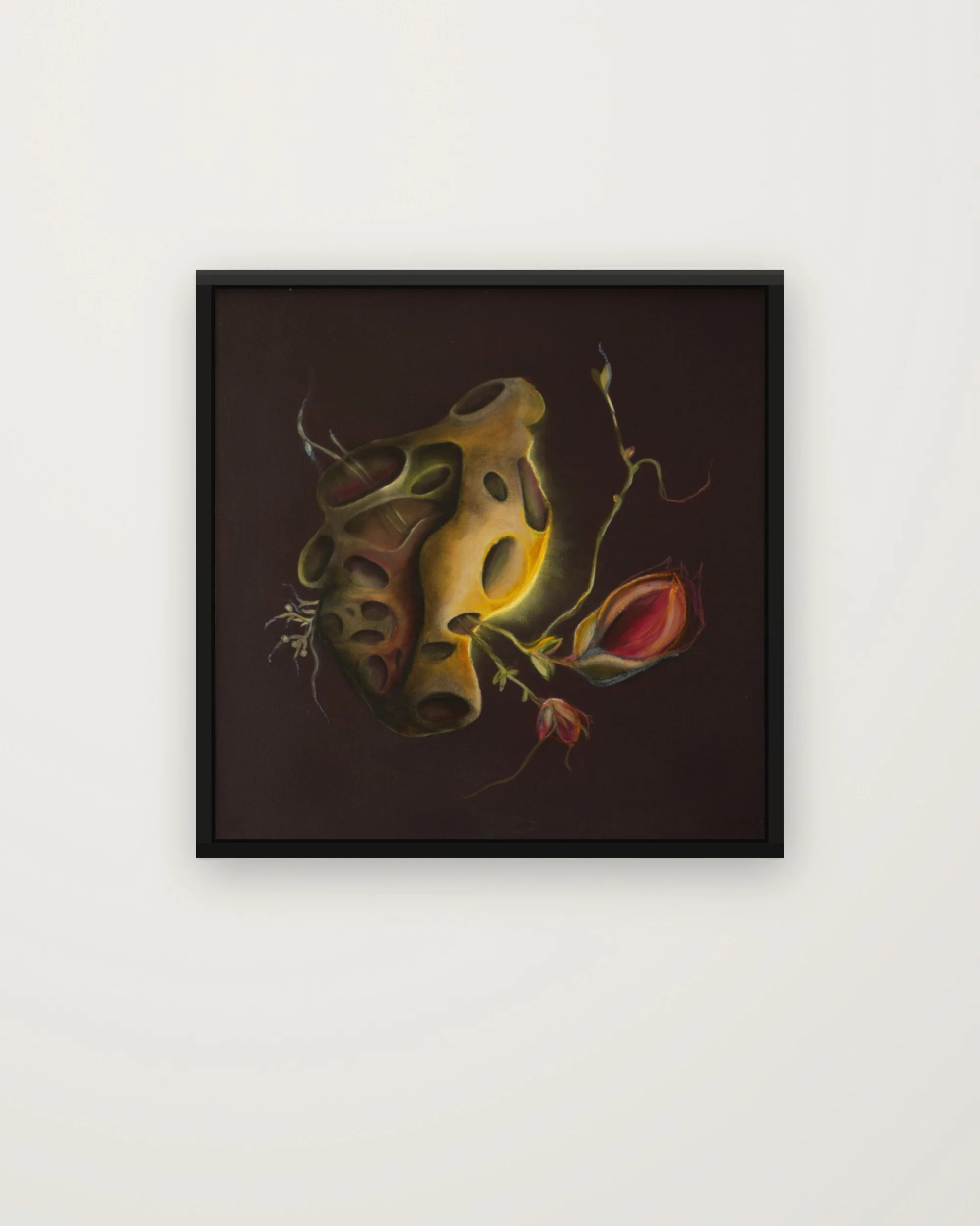 KamiMadArt_2026-004_Aubergine-Yellow-Lava-with-2-Roses-and-Glow_MOCKUP_black-frame_white-wall.jpg