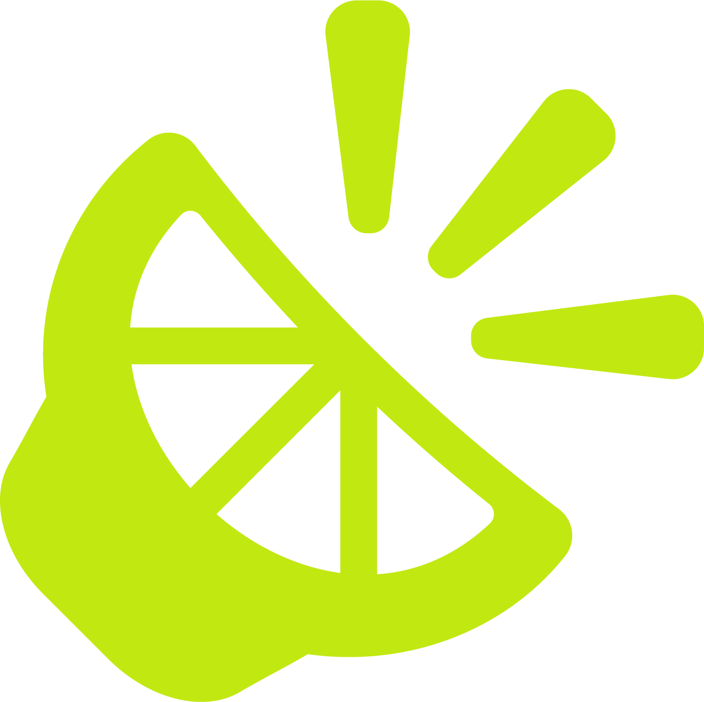 A stylized lime green illustration of a lemon slice with a peace symbol in the center, radiating lines around it.