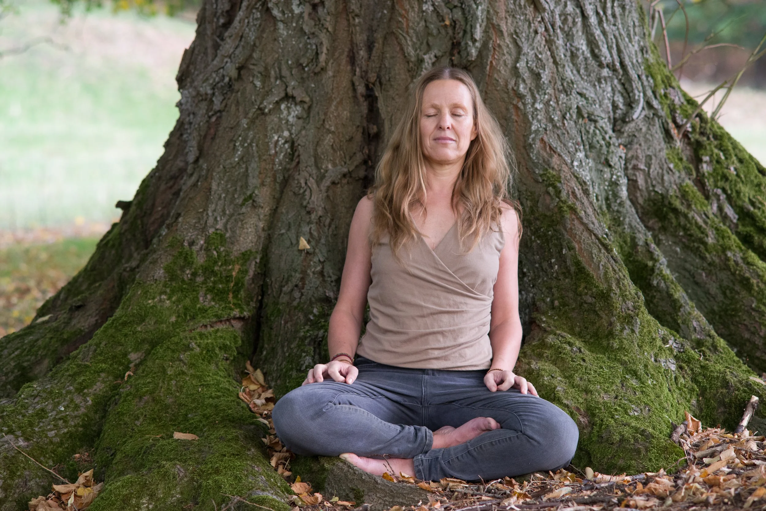 Eine Frau sitzt mit geschlossenen Augen in einer Meditationshaltung im Schoß eines großes, alten Baumes