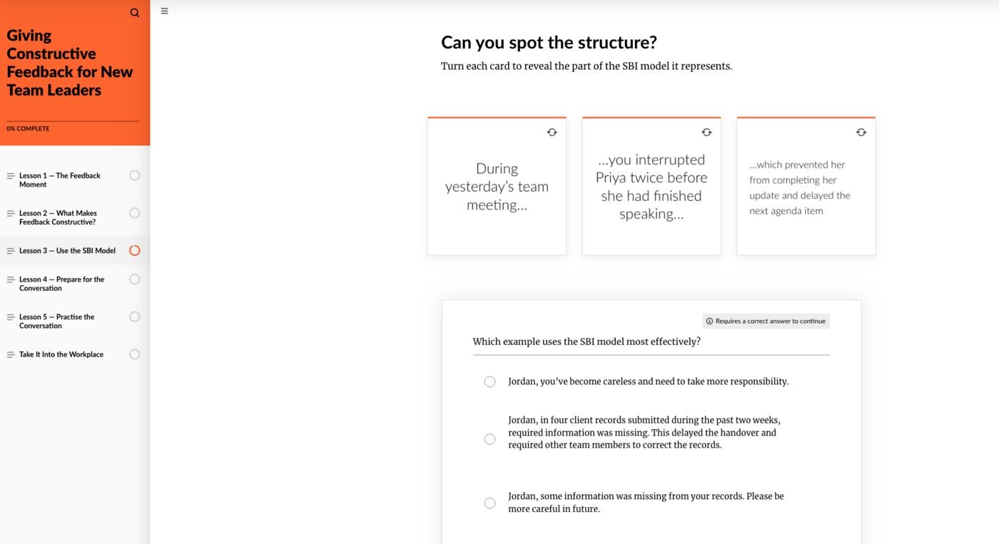 Rise 360 practice screen asking learners to identify suitable feedback language