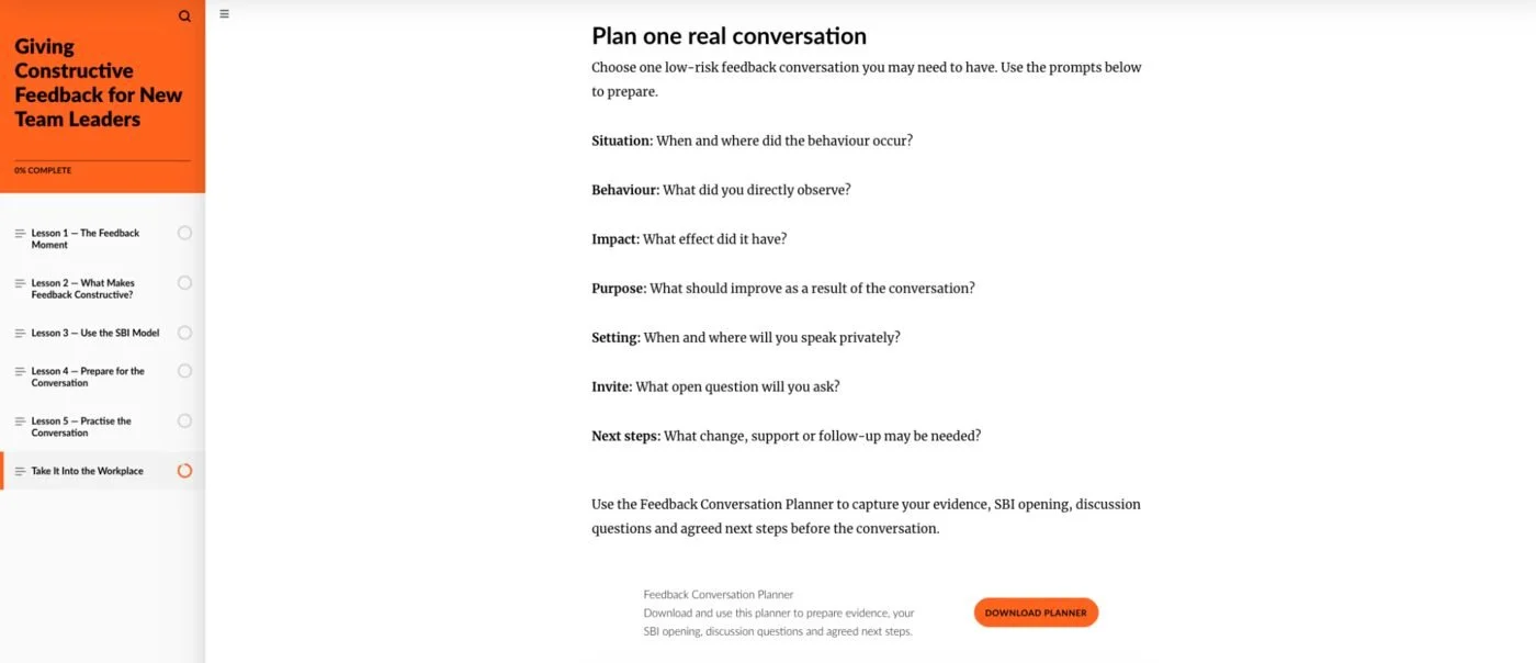 Rise 360 action plan screen for preparing a constructive feedback conversation