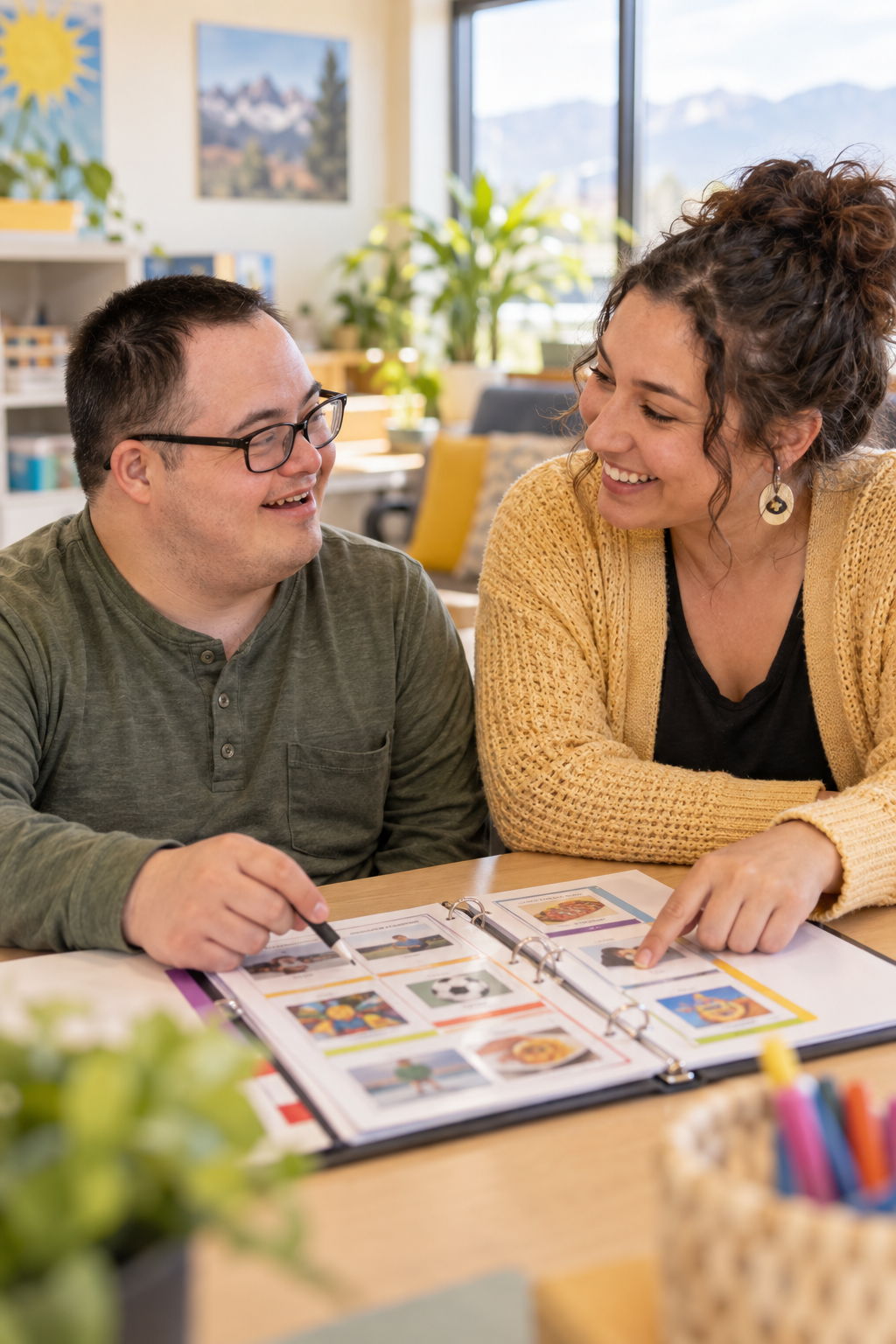 A man and woman laughing and talking while looking at a photo album on a table.