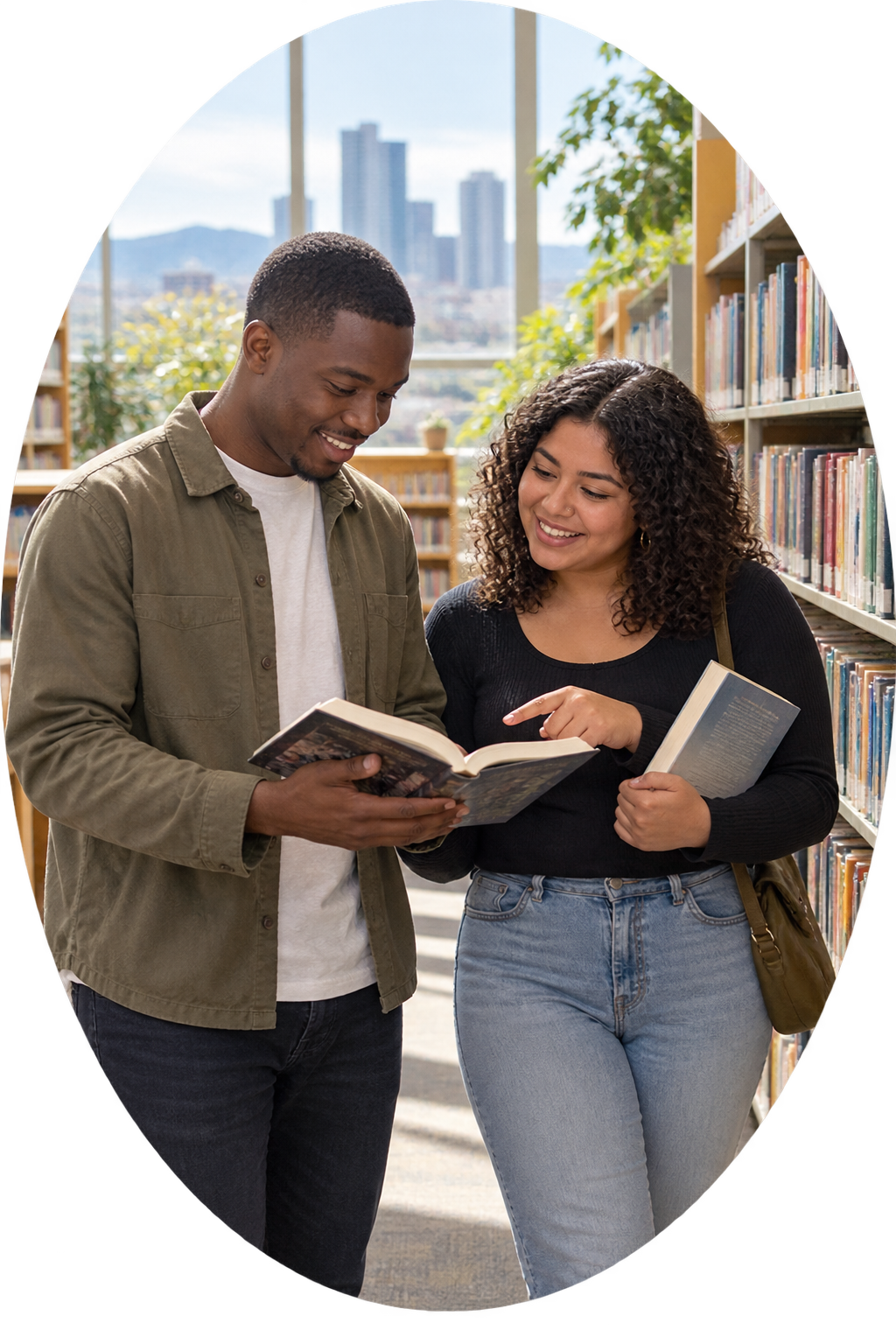 Two young adults, a man and a woman, smiling and looking at a book together in a library with bookshelves and large windows showing cityscape in the background.