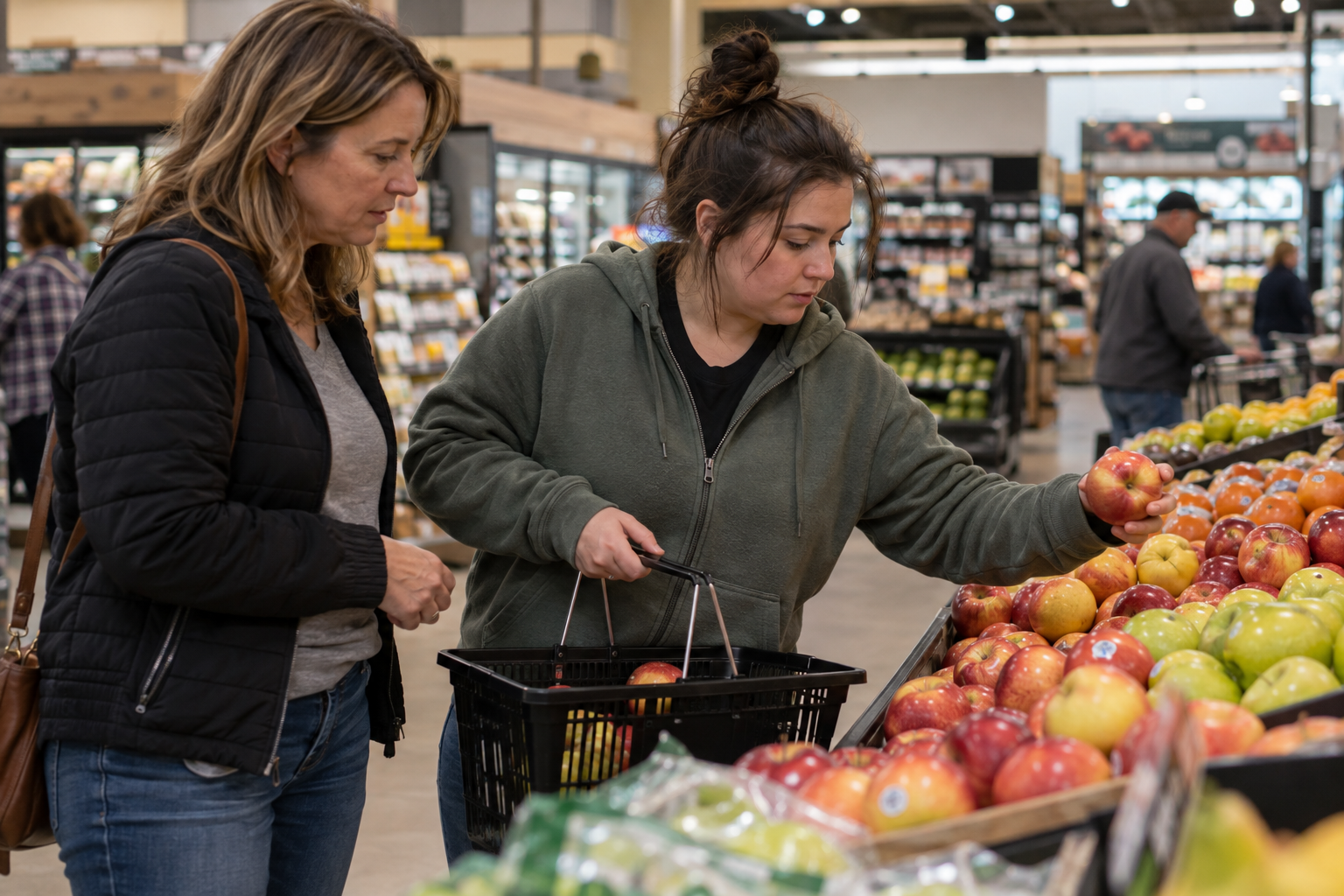 Two women shopping for apples in a grocery store, with one woman holding an apple and a shopping basket.