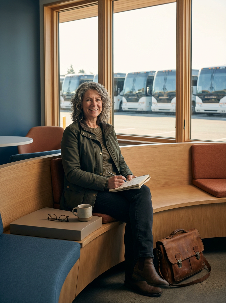 A woman with gray hair sitting in an airport waiting area, smiling, holding a notebook. There are buses outside the window, a coffee mug, and eyeglasses on a blue chair table next to her.