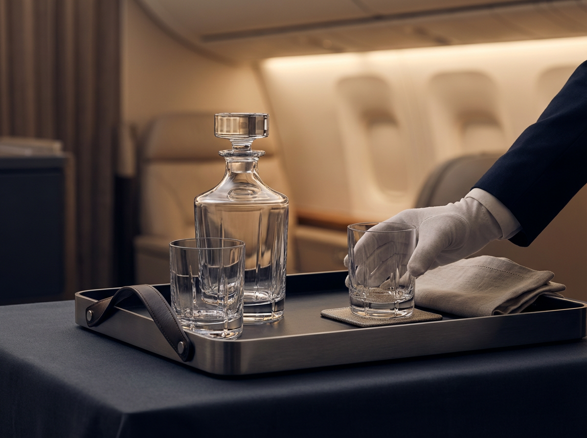 A serving tray with a glass decanter and two empty glasses, one of which is being placed by a person wearing a white glove inside an airplane cabin.