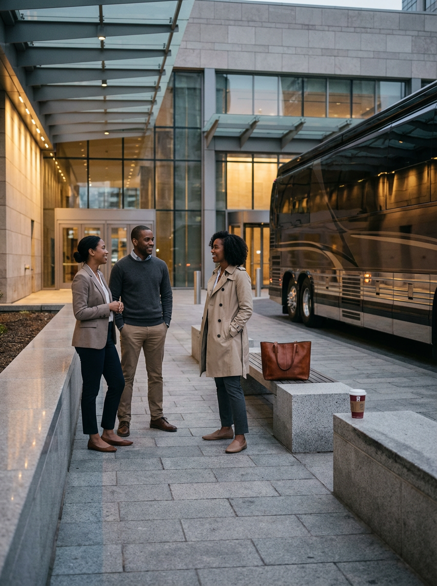 Three people engaged in a conversation outside a modern office building with large glass windows and a black bus parked nearby. Two women and one man are smiling, dressed in business casual attire, with a brown leather bag and a coffee cup on the bench.