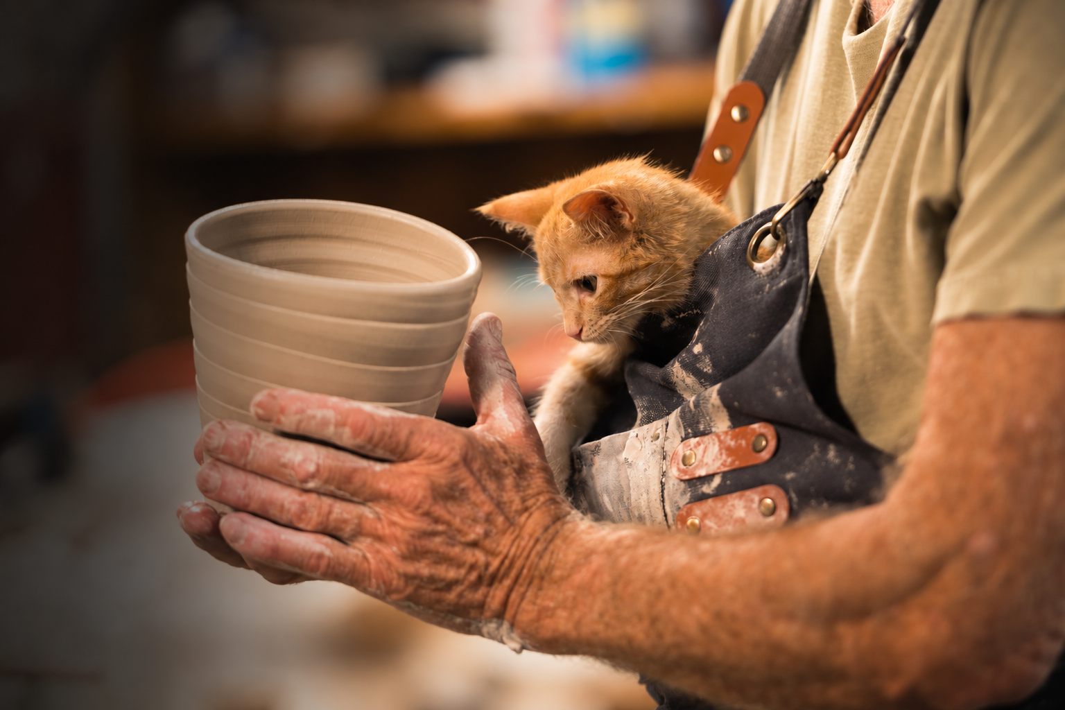 A person holding a partially finished ceramic bowl with a small orange kitten resting on their arm.
