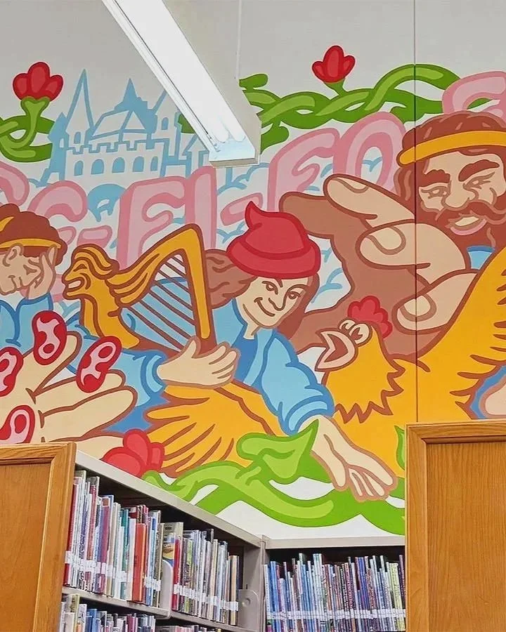 Wide view of the hand-painted Jack and the Beanstalk mural in the children's area of Lebanon Public Library in Lebanon, Ohio