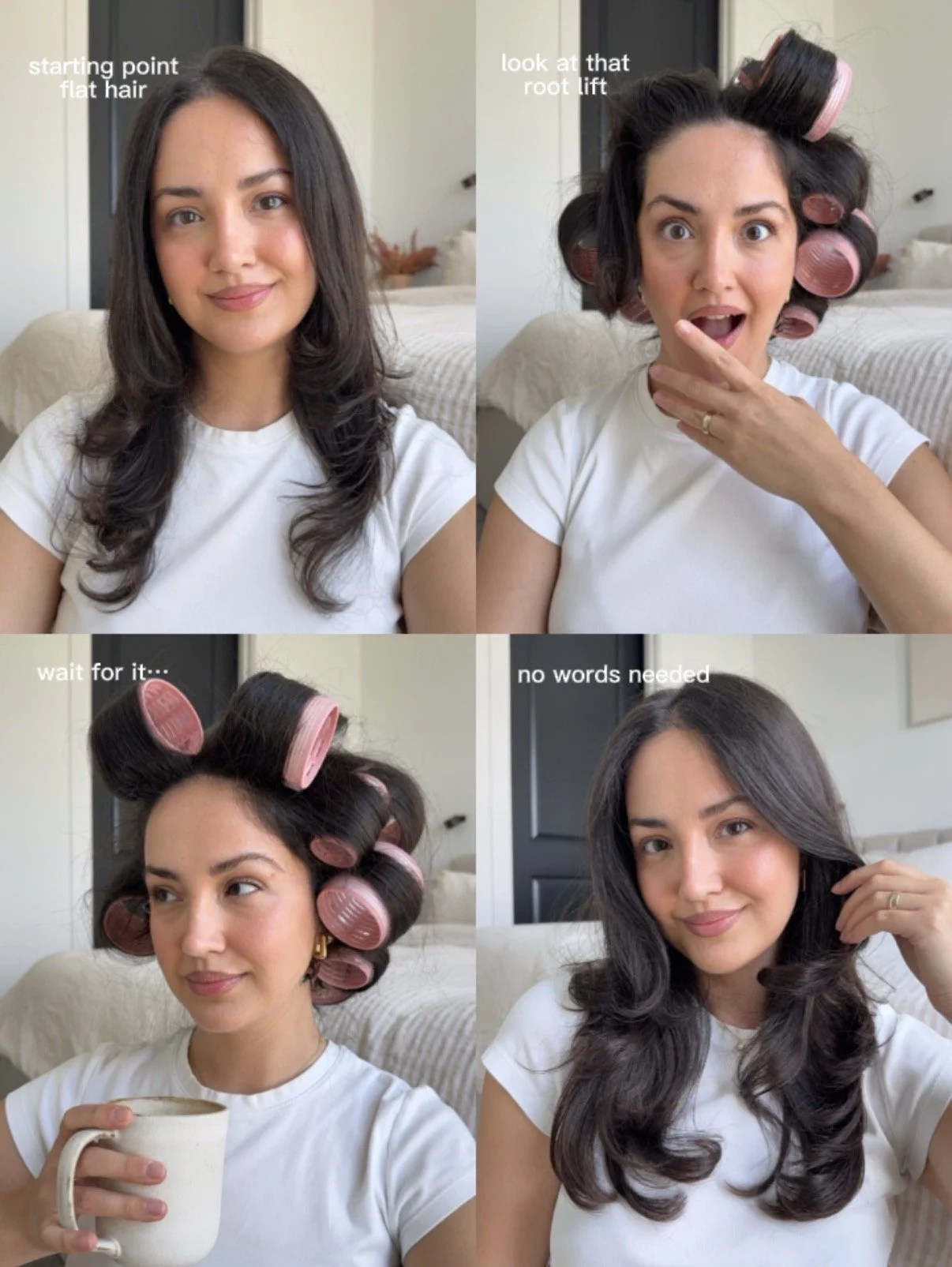 A woman gets her hair styled with curlers over four steps: starting with her flat hair, noticing the root lift, waiting for the curlers to set, and finally displaying her curly, voluminous hair.