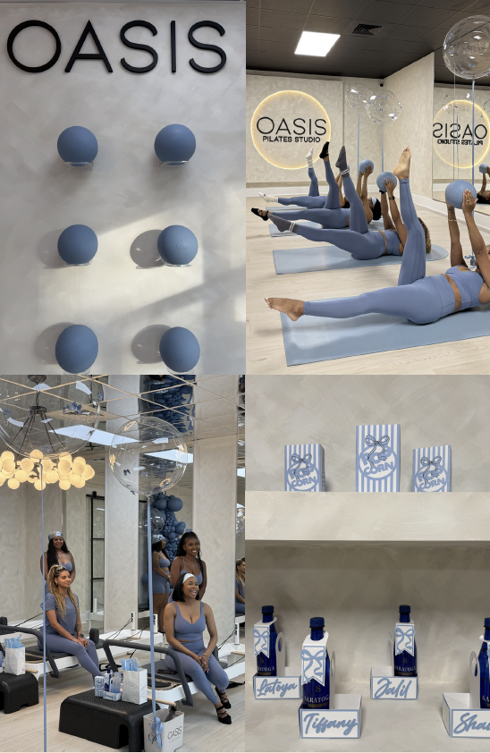 A fitness studio called Oasis Pilates Studio features a wall display with blue exercise balls, a group of women doing leg-lift exercises with small weights while lying on yoga mats, women sitting and smiling in a salon or lounge area, and a display o
