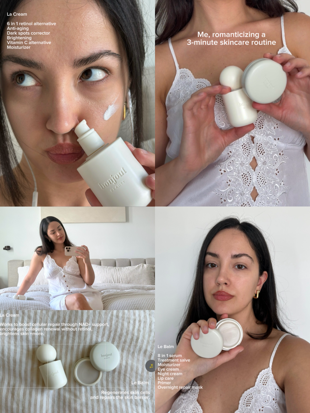 A woman applying a skincare product with a pump bottle labeled 'bonjour BEAUTY', with close-up shots of the product and her face. She is wearing a white lace top, holding a round container, and sitting on a bed in a white room. The skincare products 