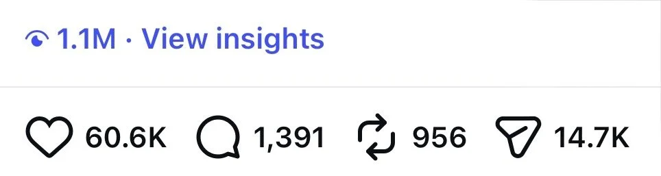 Social media post engagement metrics showing 60.6K likes, 1,391 comments, 956 shares, and 14.7K bookmarks, with 1.1 million views insights at the top.