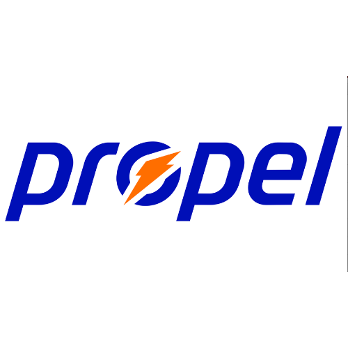 The logo for Propel, featuring the brand name in bold blue letters with an orange lightning bolt replacing the letter 'o'.