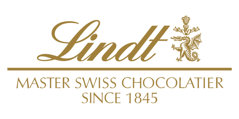 Lindt logo with a gold-colored text and design on a black background, reading 'Lindt Master Swiss Chocolatier Since 1845'.