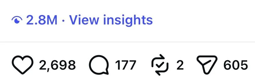Social media engagement statistics showing 2.8 million views, 2,698 likes, 177 comments, 2 shares, and 605 saves.