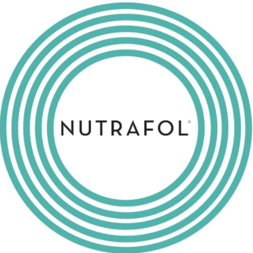 Nutrafol logo surrounded by concentric teal circles.