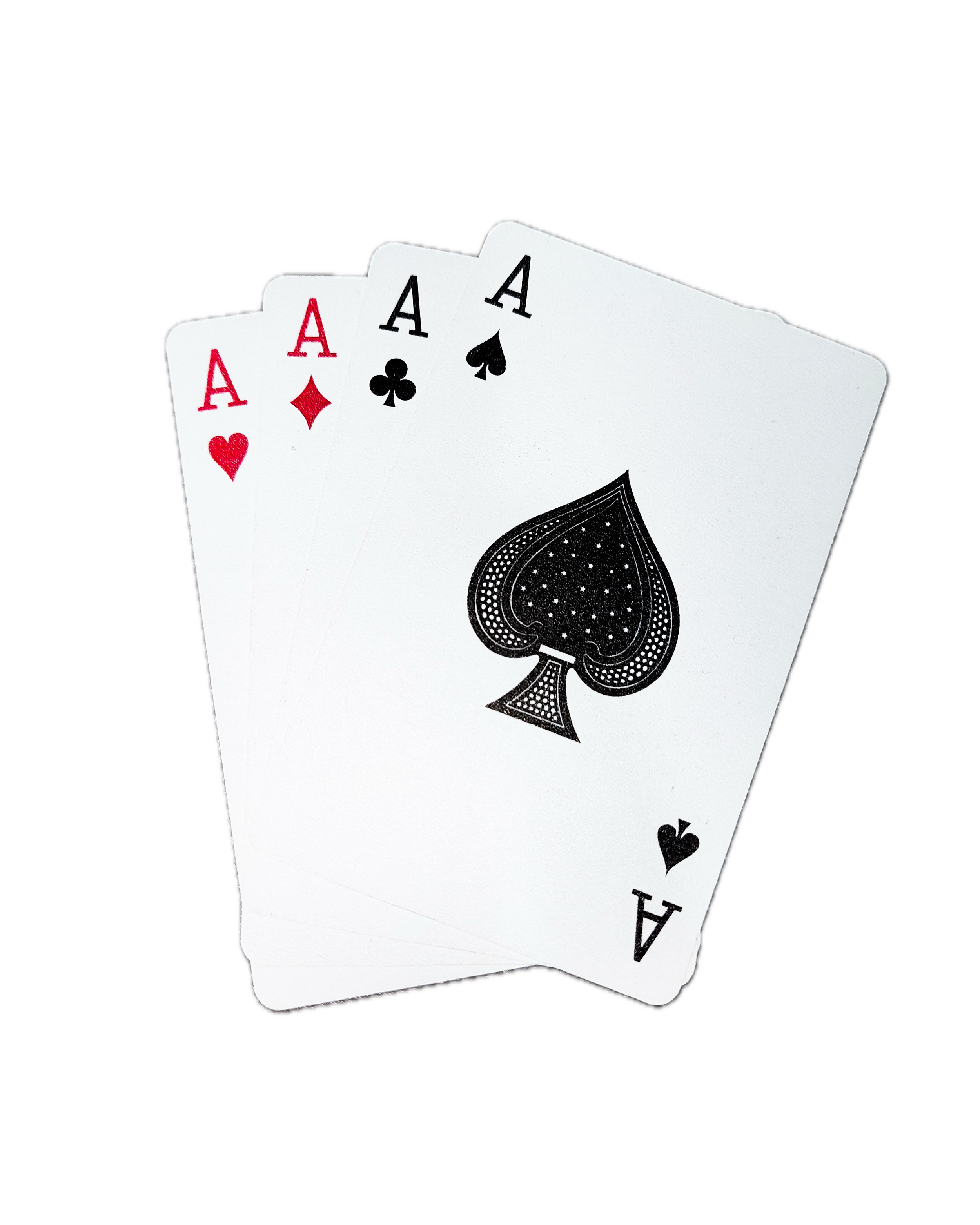 Four playing cards, all aces, fan spread, on a black background.