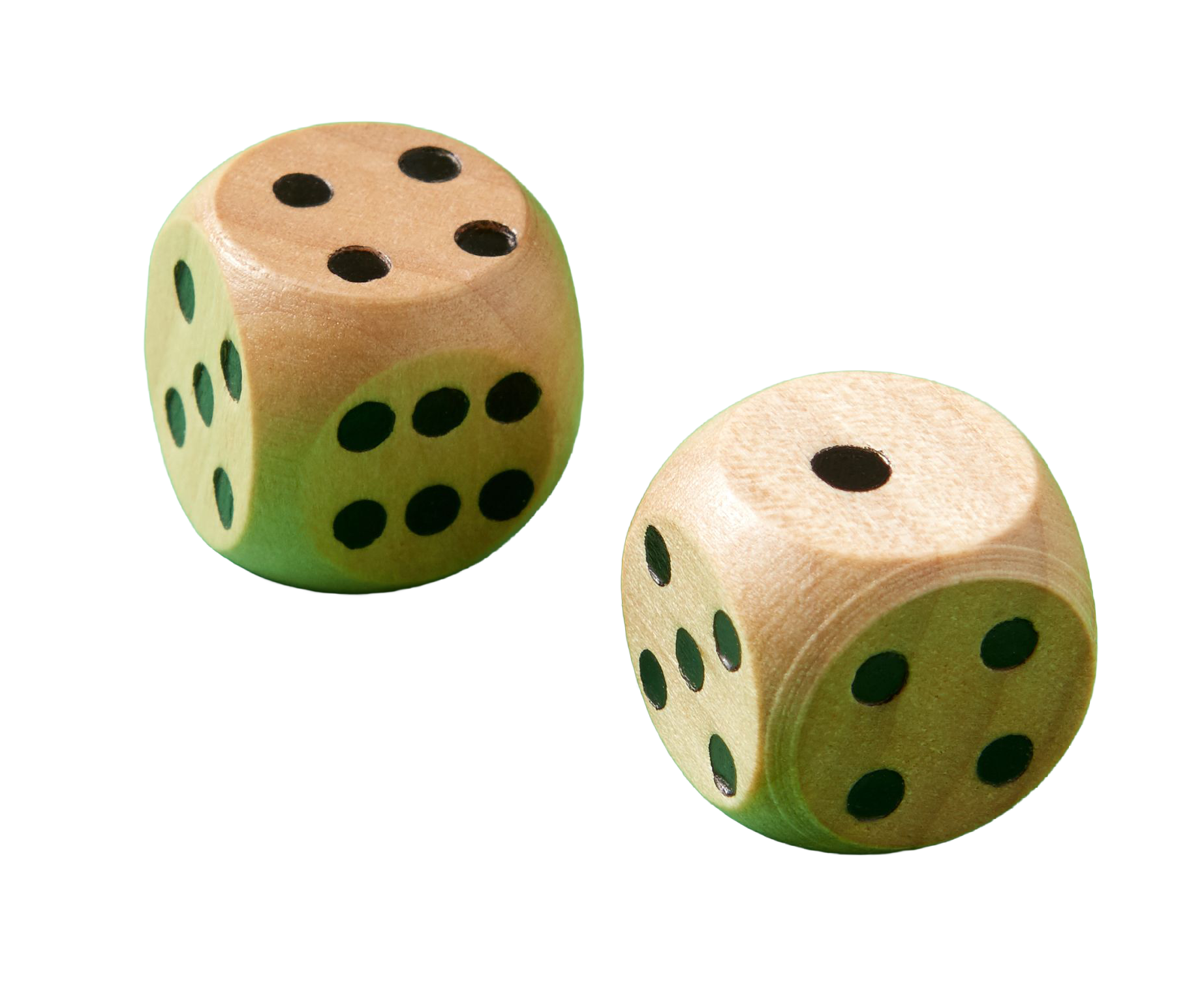 Two wooden dice with black dots, one showing the number five and the other showing the number one, set against a green background.