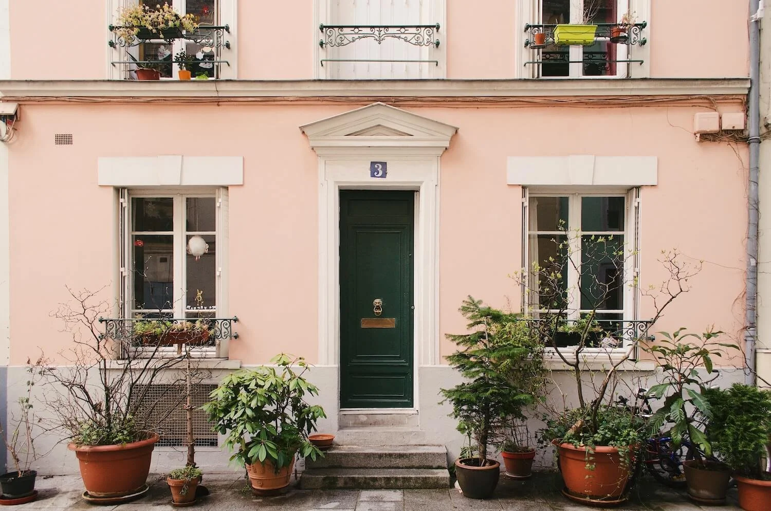 Pink building with green door, white trim, and potted plants outside, including trees and shrubs, with two windows on either side of the door.