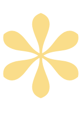 A stylized, abstract flower with six yellowish petals on a black background.