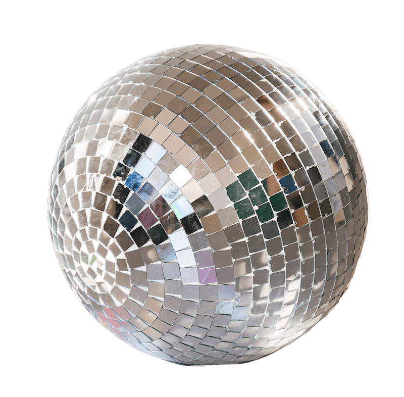 A spherical mirror ball covered with small reflective tiles, isolated on a black background.