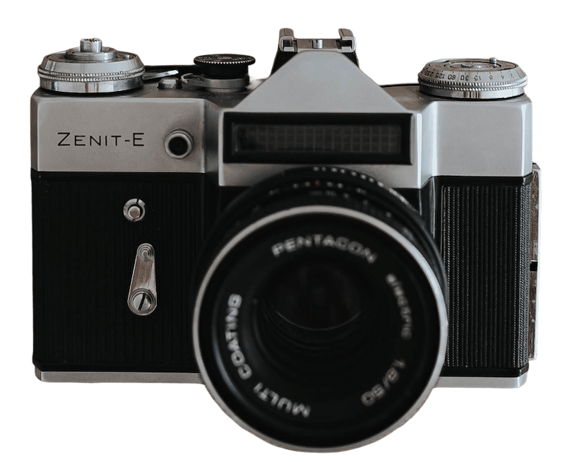 A vintage Pentacon Zenit-E 35mm film camera with a Pentacon 50mm lens, set against a black background.