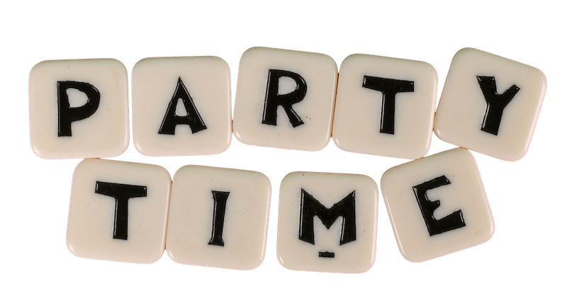 Letter tiles spelling out 'PARTY TIME' against a black background.