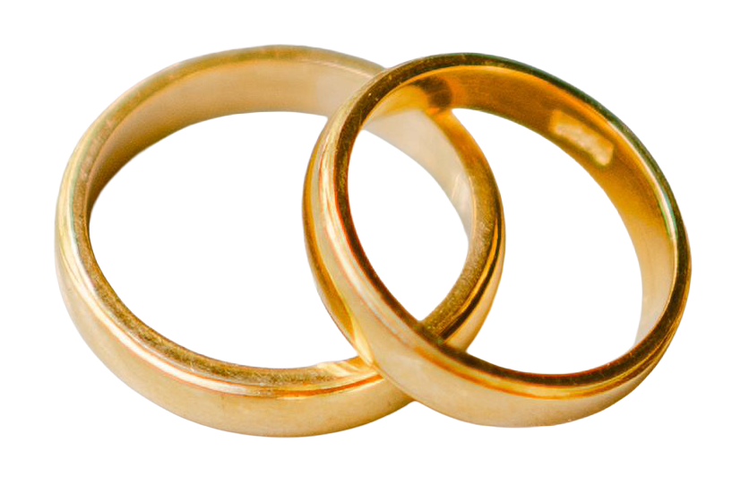 Two gold wedding rings intertwined against a black background.