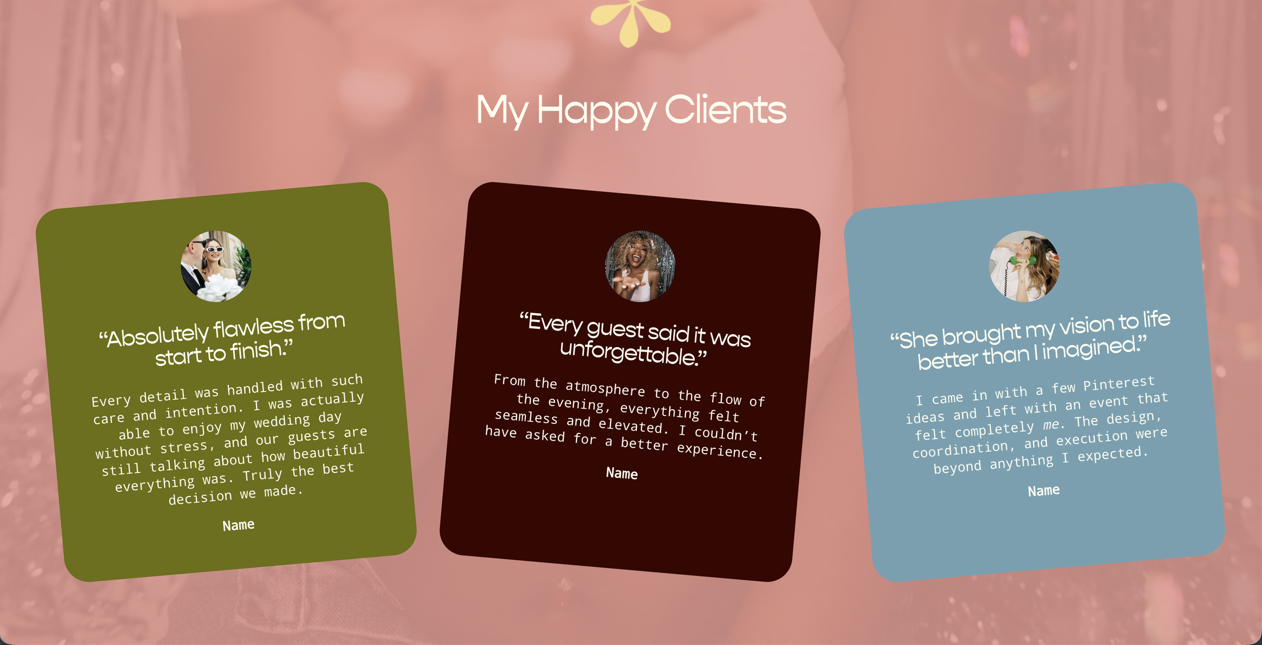 Testimonials with photos and quotes from clients about their positive experiences, displayed on colored backgrounds with a pink backdrop.