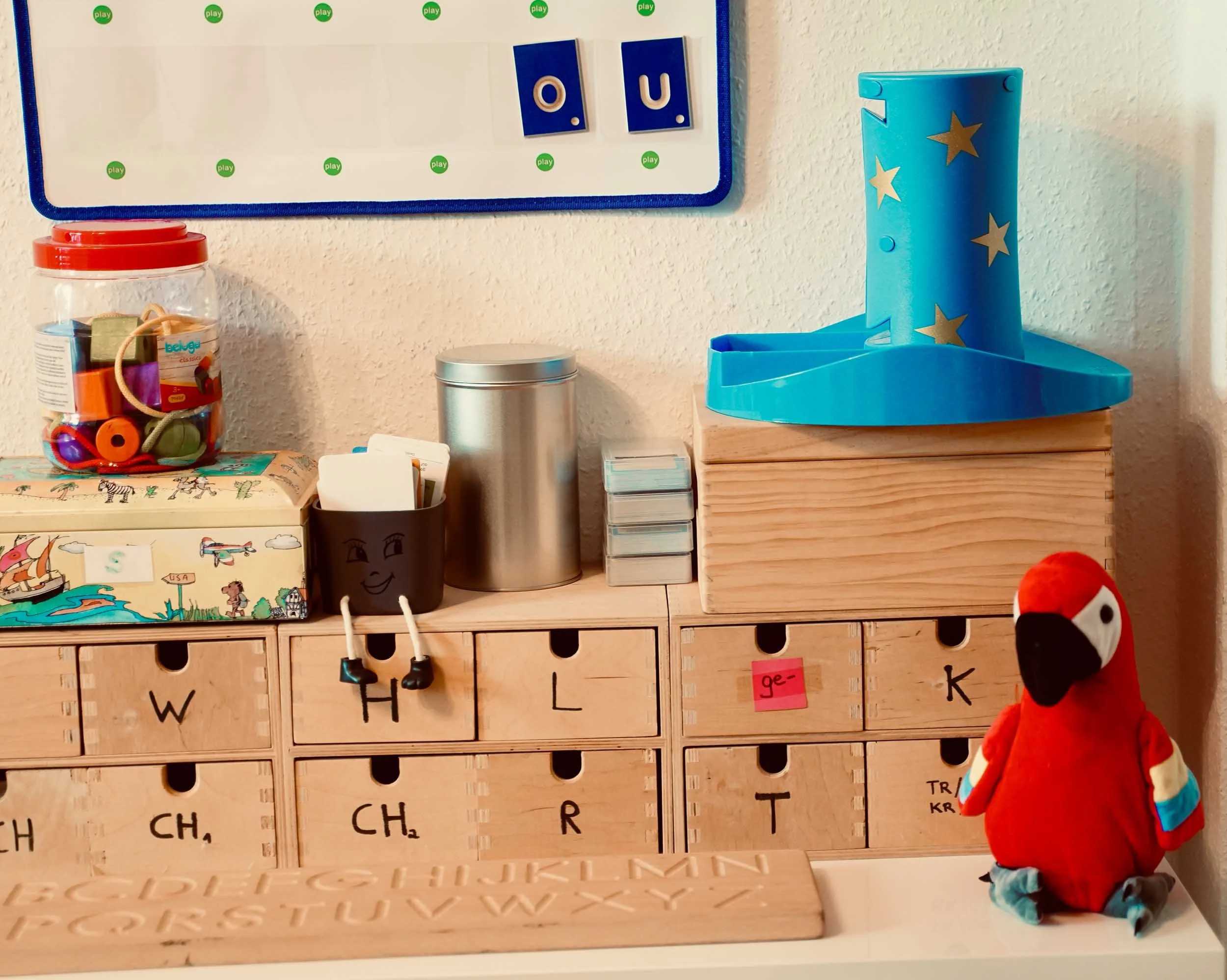Therapiematerial mit Buchstabenkästen und Stoffpapagei, Logopädische Praxen Köln-Ehrenfeld