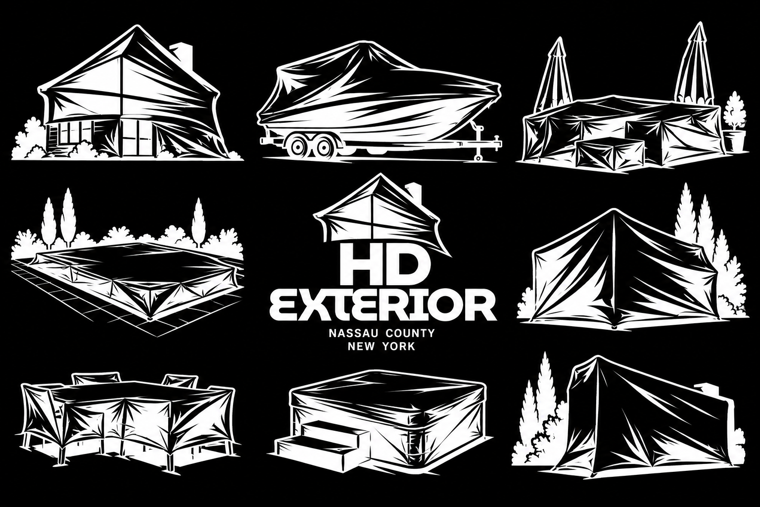 Collection of white line drawings of outdoor tent setups and structures on black background, with the text 'HD EXTERIOR Nassau County New York' in the center.