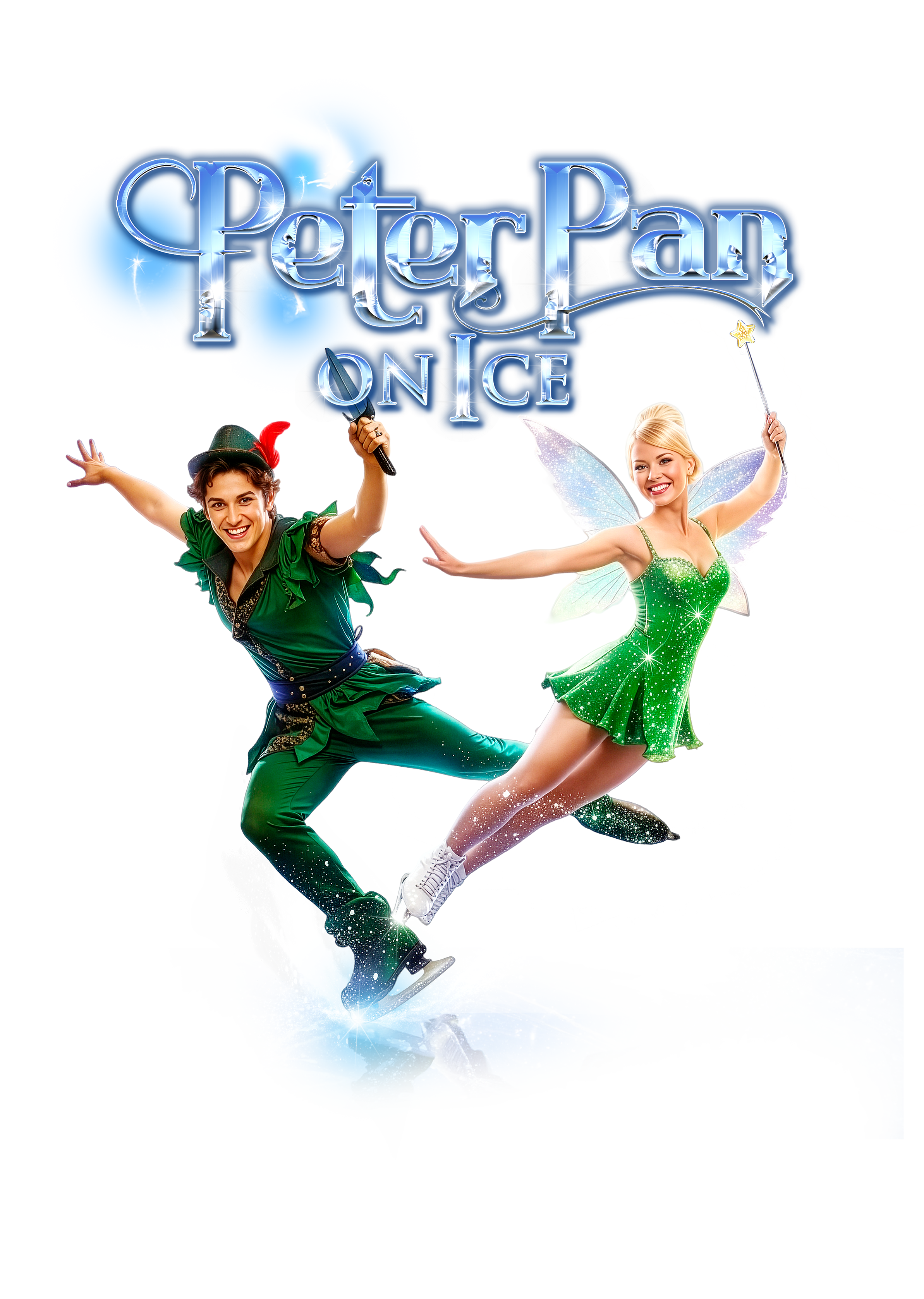 A promotional graphic for the movie "Peter Pan & Wendy" featuring two characters dressed as Peter Pan and Tinker Bell in dynamic poses, with the movie title in large blue letters glowing with sparkles.