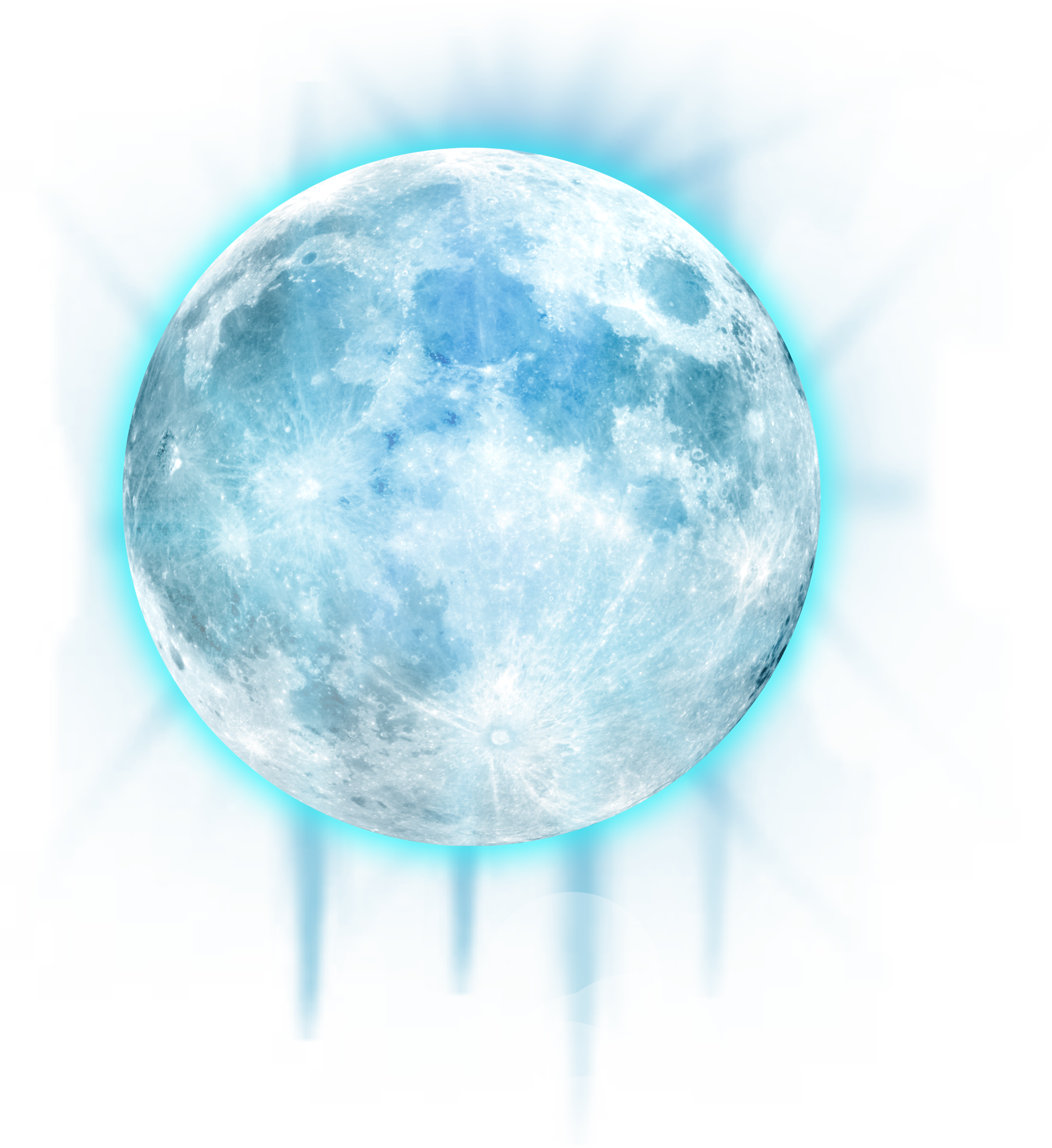 A full moon glowing against a dark blue sky with a faint bright blue halo surrounding it.