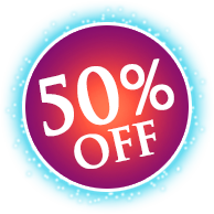 Circular discount badge with '50% OFF' text on a blue background with white sparkle accents.