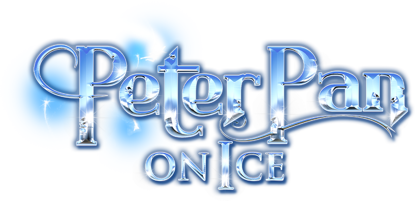 Logo for 'Peter Pan On Ice' featuring stylized icy text with sparkles and a blue background.