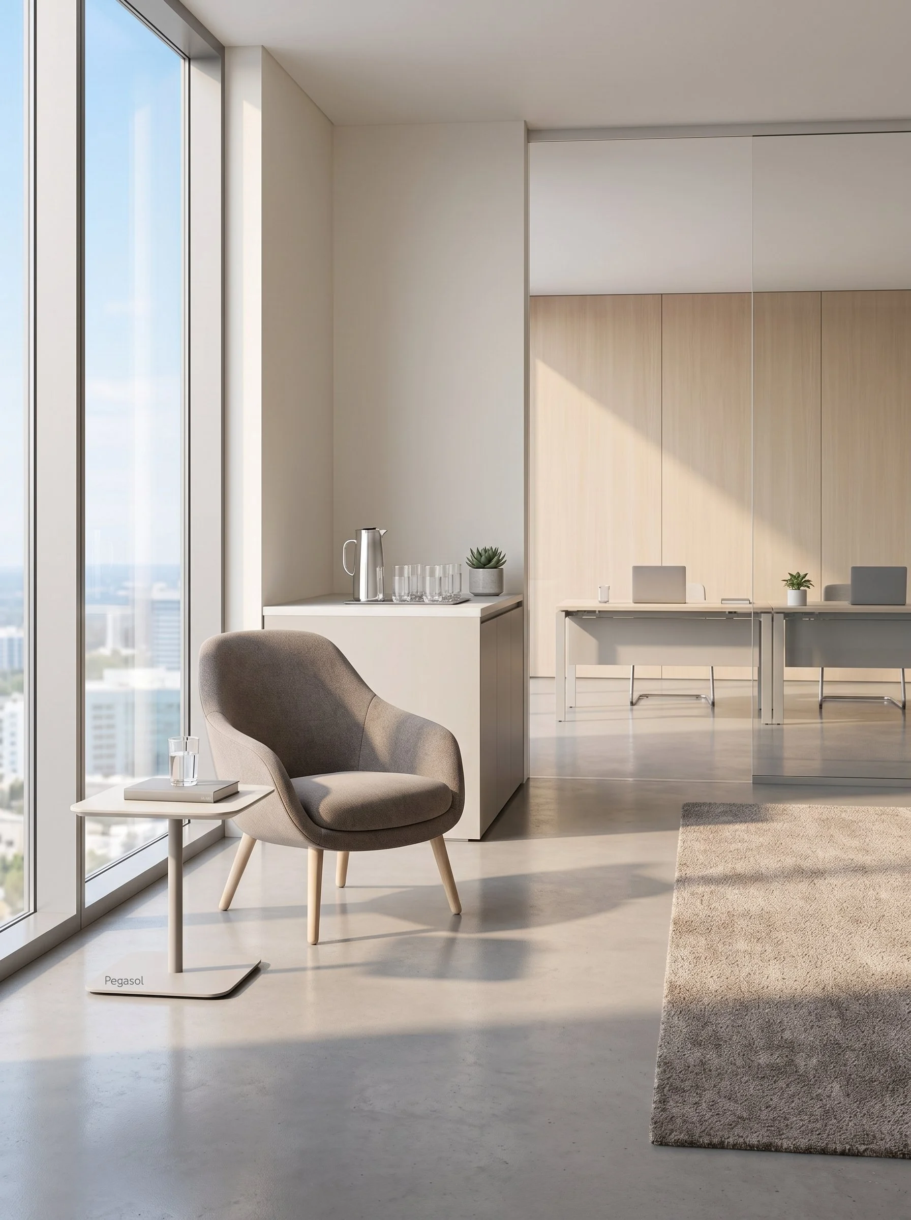 Interior de una oficina moderna con vista a la ciudad, sillón gris, mesa auxiliar con libro y vaso de agua, y área de trabajo con pared de madera y plantas decorativas.