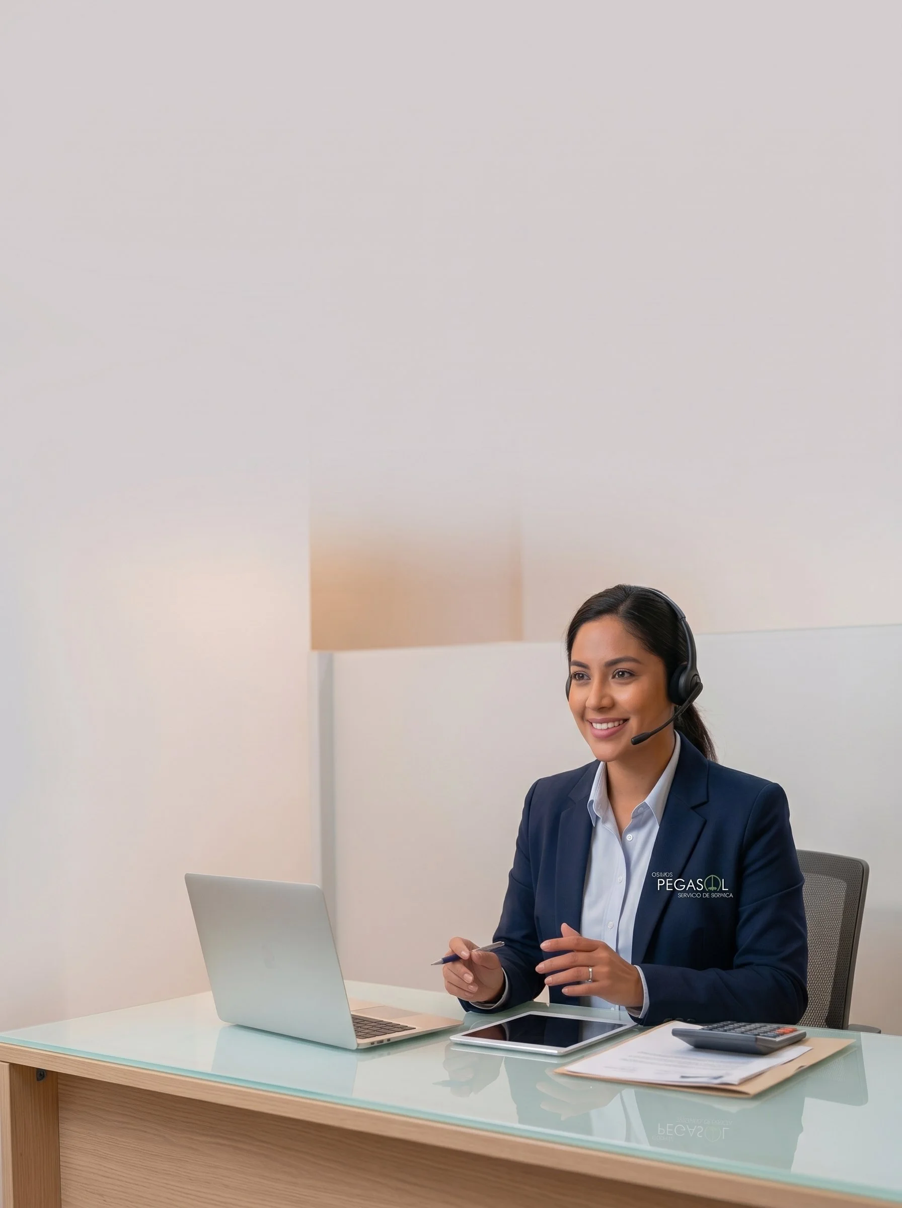 Mujer profesional con auriculares y vestido formal sentado en escritorio con computadora portátil, tableta, calculadora y documentos en oficina moderna.