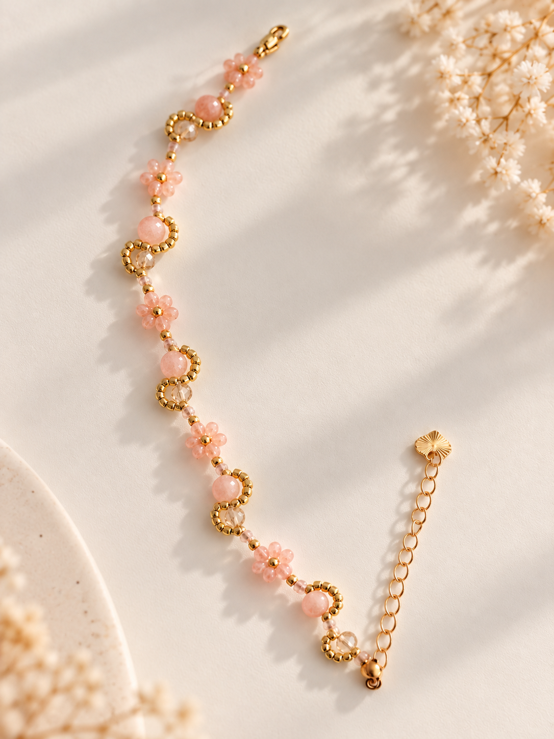 Peach-Pink Gold Beaded Bracelet Flat Lay.png