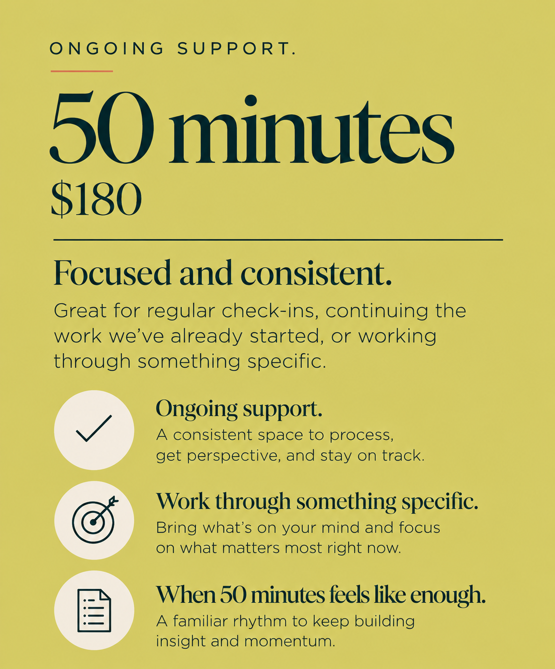 Yellow graphic describing the 50-minute therapy session option at $180, designed for focused work, consistency, and specific goals.