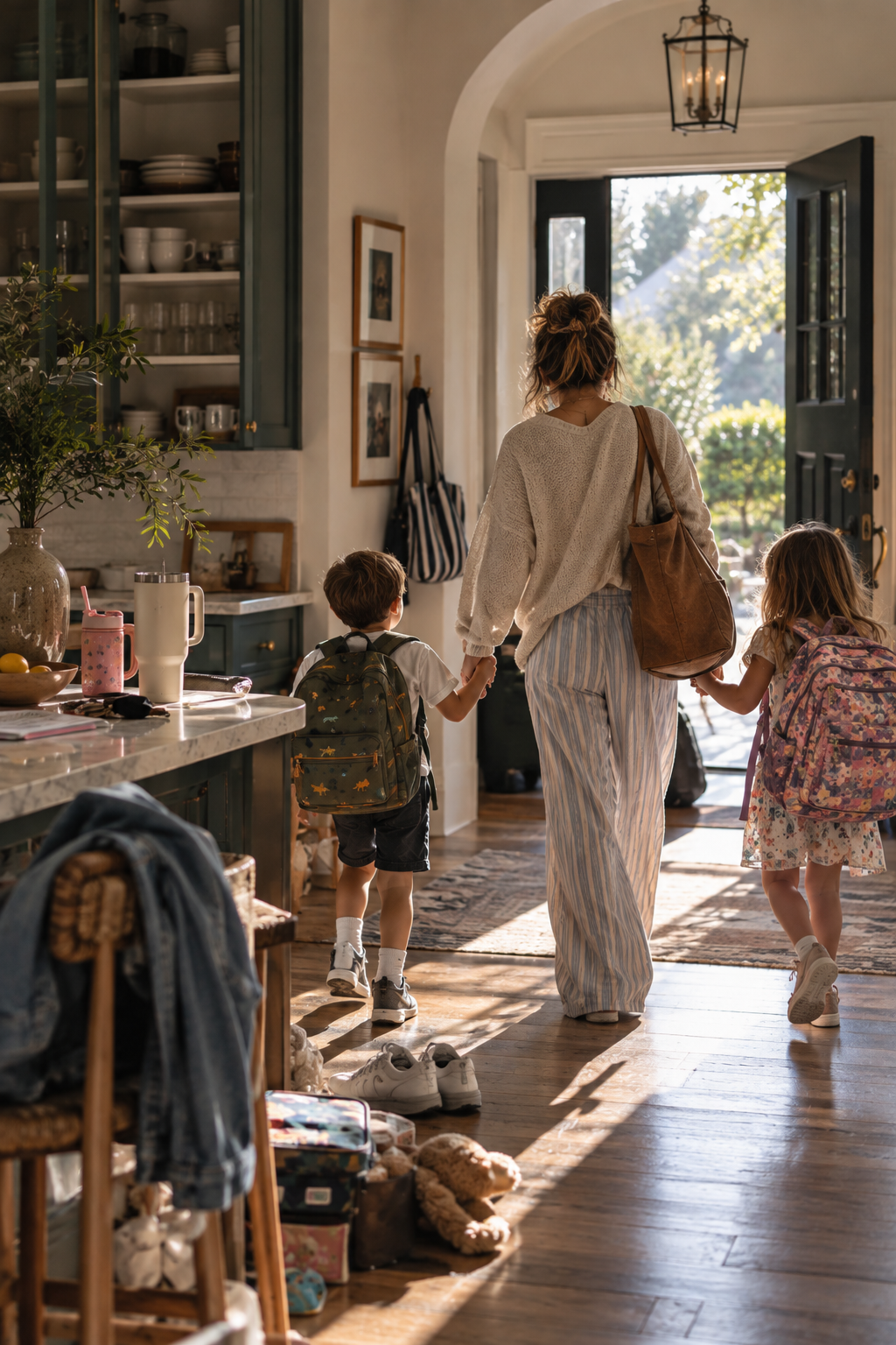 Photo of a mother arriving home with her two children, who are wearing backpacks, in a sunlit, lived-in home.