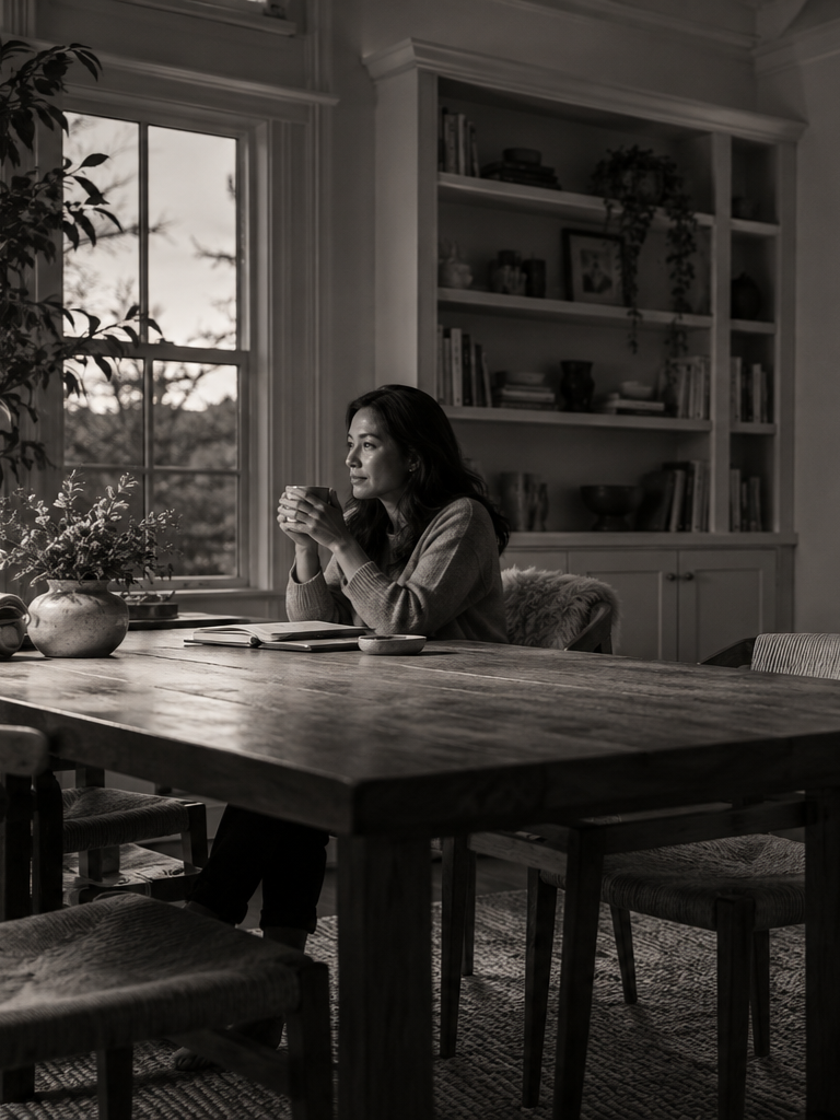 Woman sitting with a mug at a sunlit table in a home library