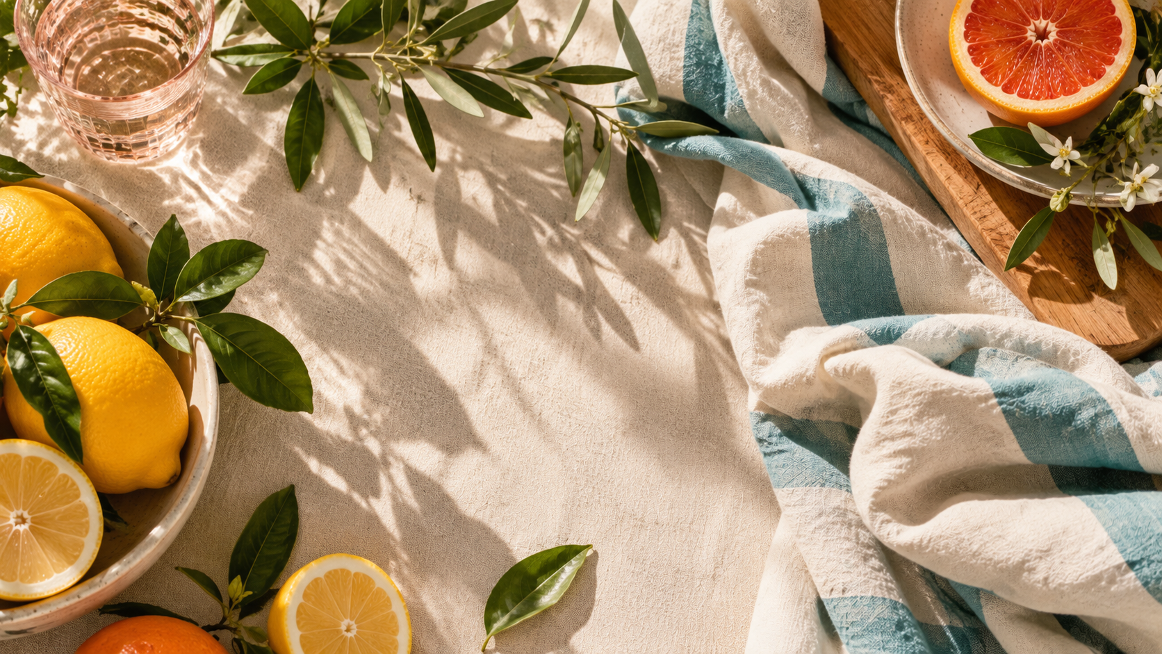 Overhead photo of lemons, grapefruit, greenery, and blue-and-white striped fabric arranged on a light surface.