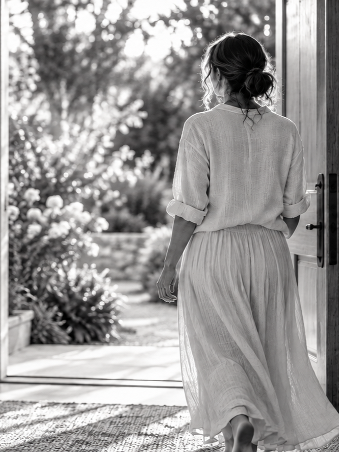 Woman walking from a house into a sunlit garden