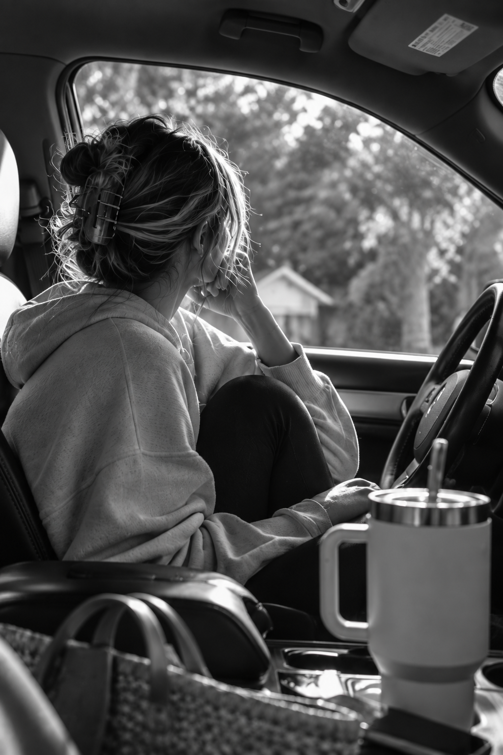 Woman sitting in a car, looking out the window
