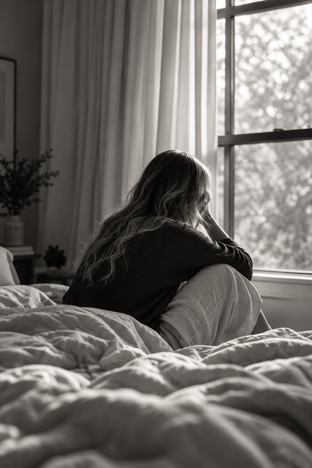 Black-and-white photo of a woman sitting on a bed with her hands on her head, looking out a bedroom window.