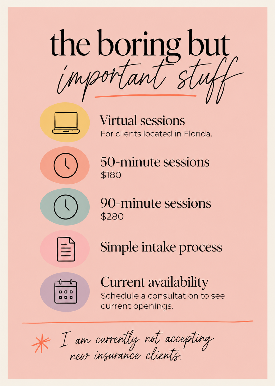 An informational graphic outlining virtual therapy session options, pricing, availability, and insurance policies.
