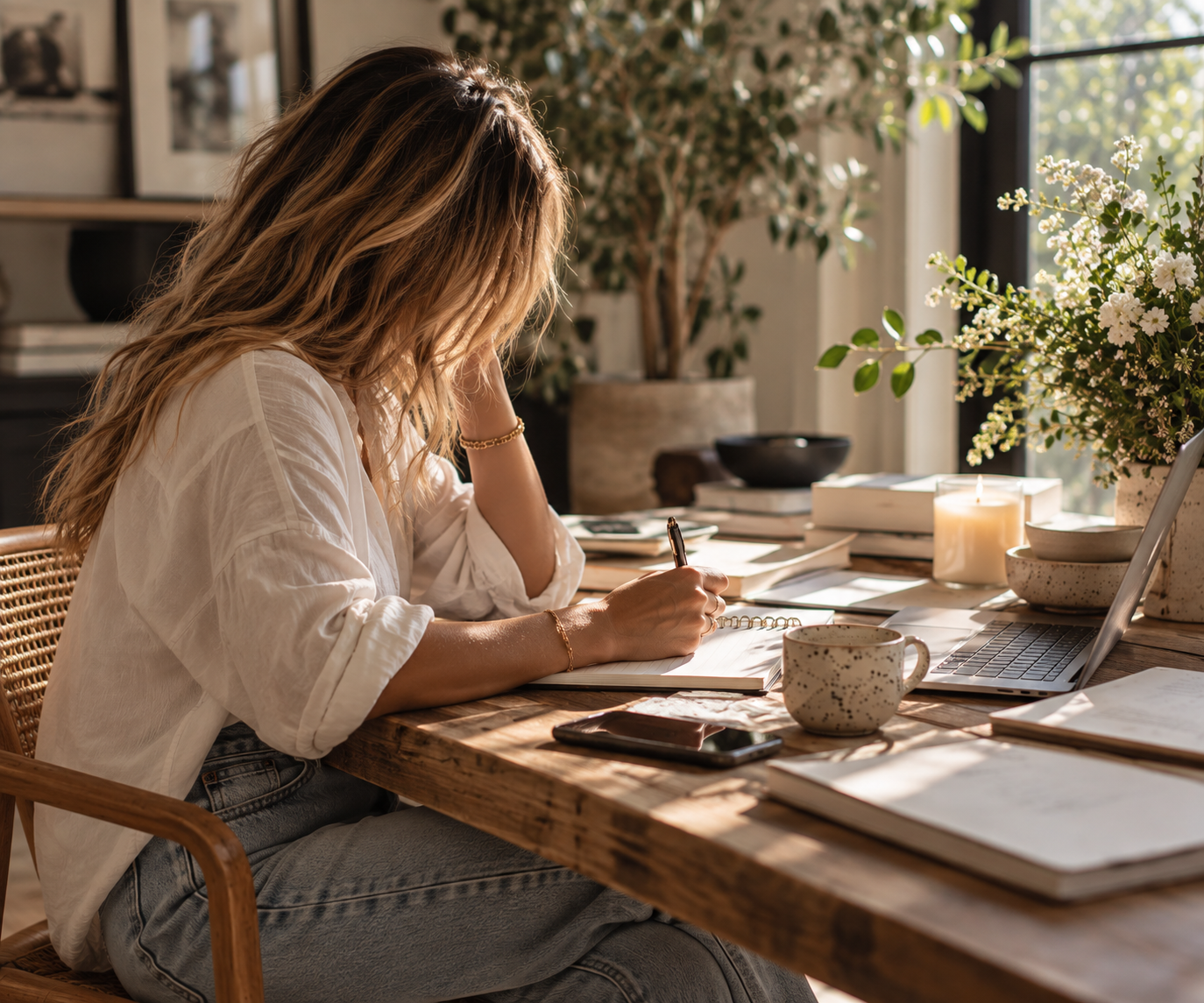 Photo of a woman journaling at a wooden desk surrounded by books, a laptop, plants, and warm natural light.