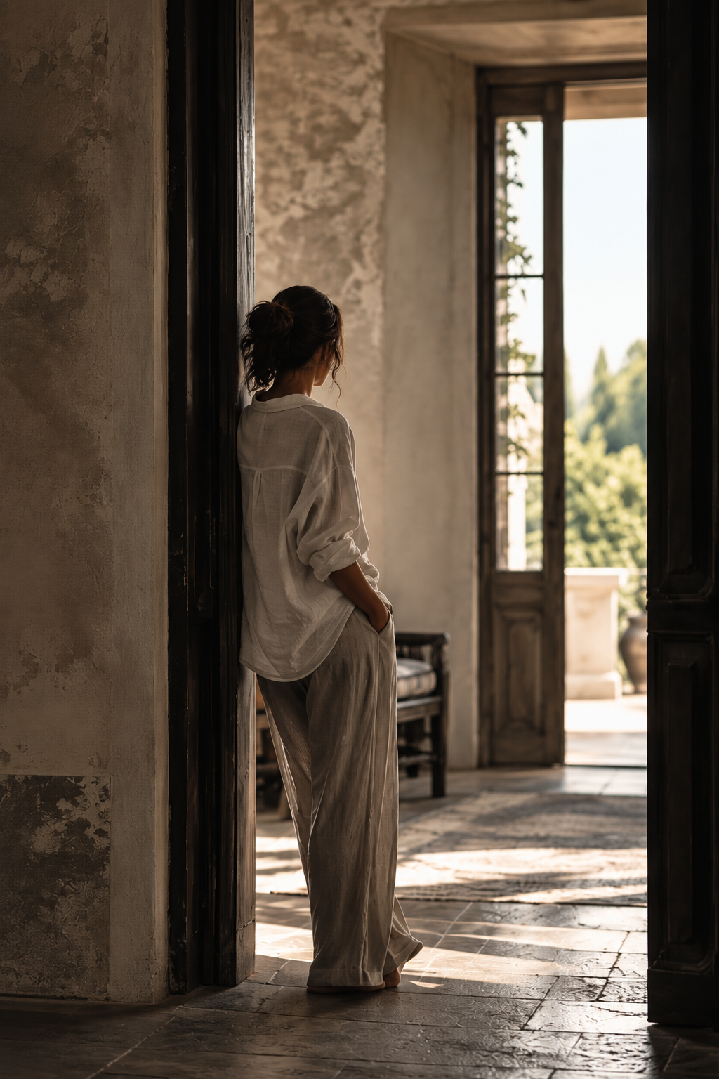 Photo of a woman in loose white clothing standing barefoot in a doorway, looking out toward a sunlit garden.